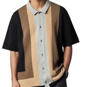 Express Mens Knit Polo Shirt Colorblock Stripe Cotton Neutral Black Tan XL